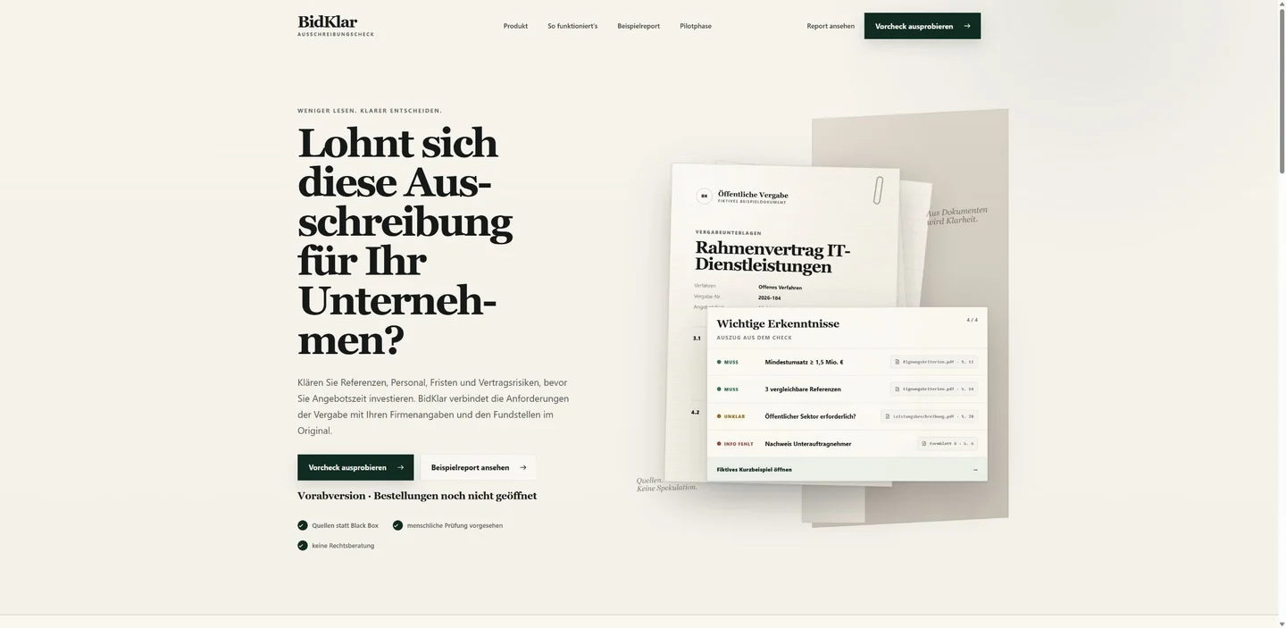 Actual BidKlar website showing its tender review and the notice that this is an early version with orders not yet open