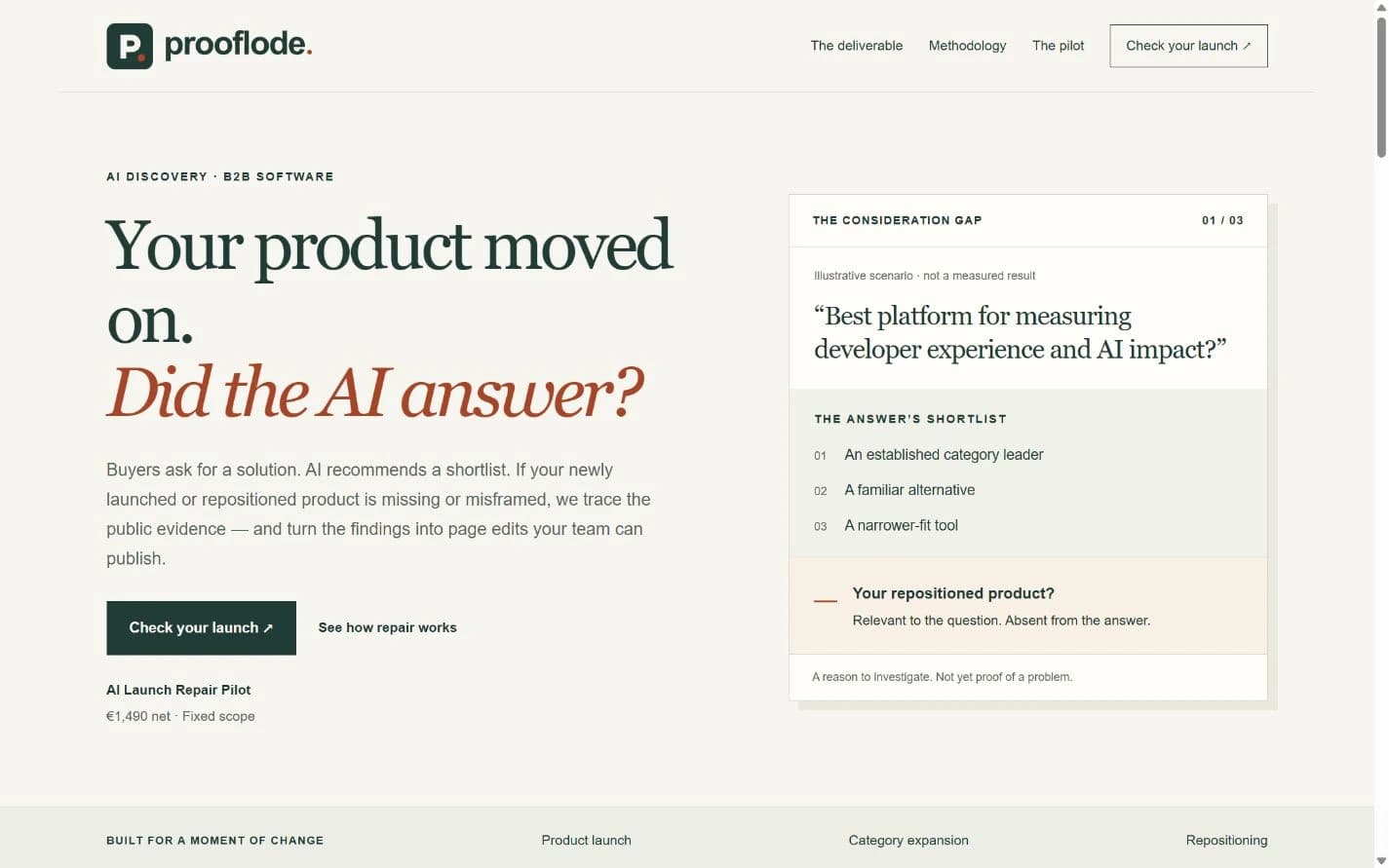 Actual Prooflode website: AI Launch Repair for B2B software